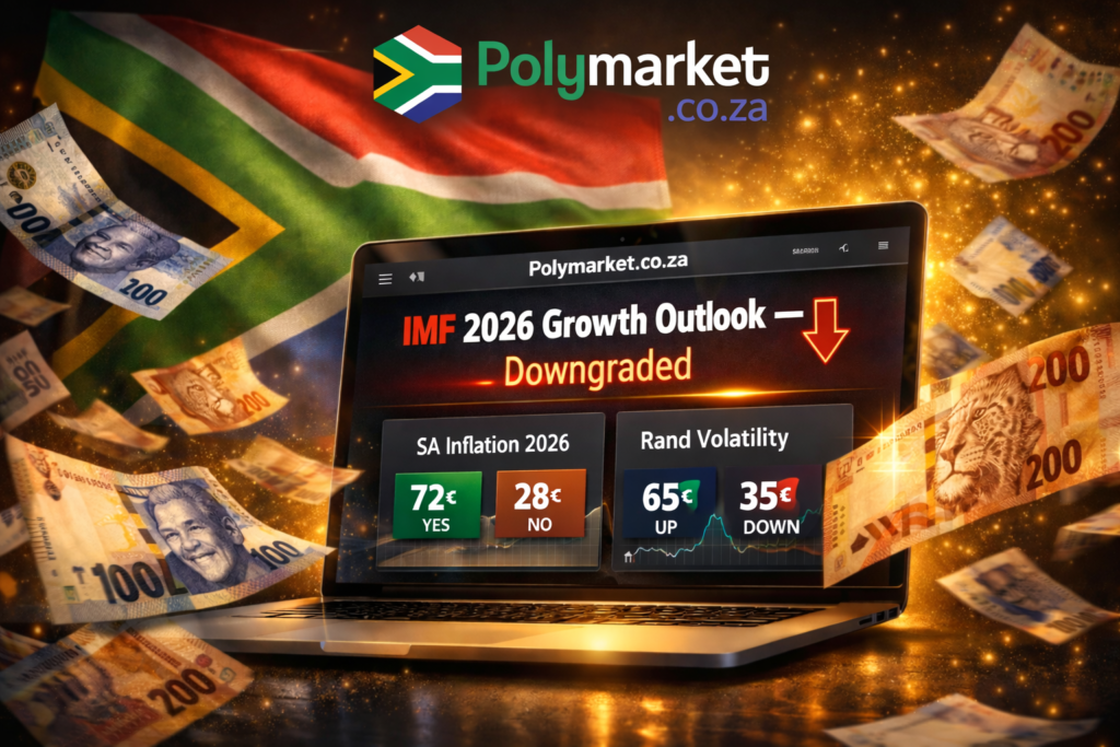 South African flag with Rand notes and Polymarket trading screen overlay – April 2026 economic outlook